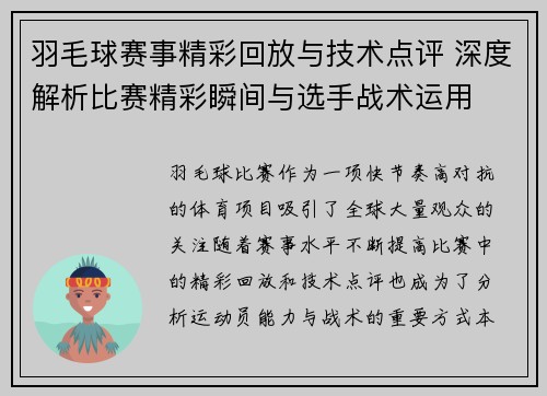 羽毛球赛事精彩回放与技术点评 深度解析比赛精彩瞬间与选手战术运用